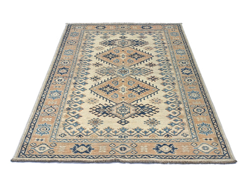 3x5 Kazak Beige Afghan Hand Knotted Geometric Design Wool Area Rug